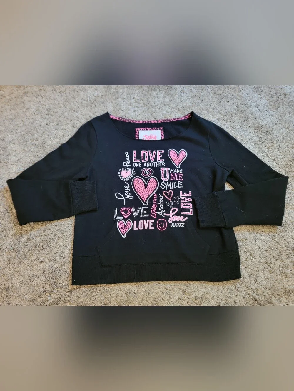 Justice Kids' Black Sweatshirt with Pink Love Graphic Size 14
